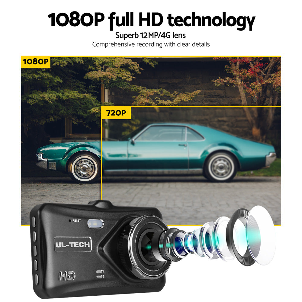 UL-tech 4" 1080P Dual Dash Camera Front Rear View Black