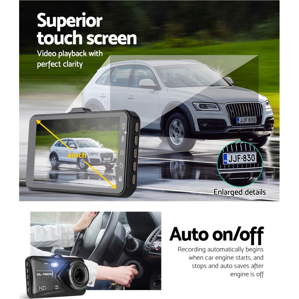 UL-tech 4" 1080P Dual Dash Camera Front Rear View Black