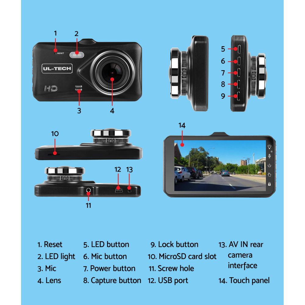 UL-tech 4" 1080P Dual Dash Camera Front Rear View Black