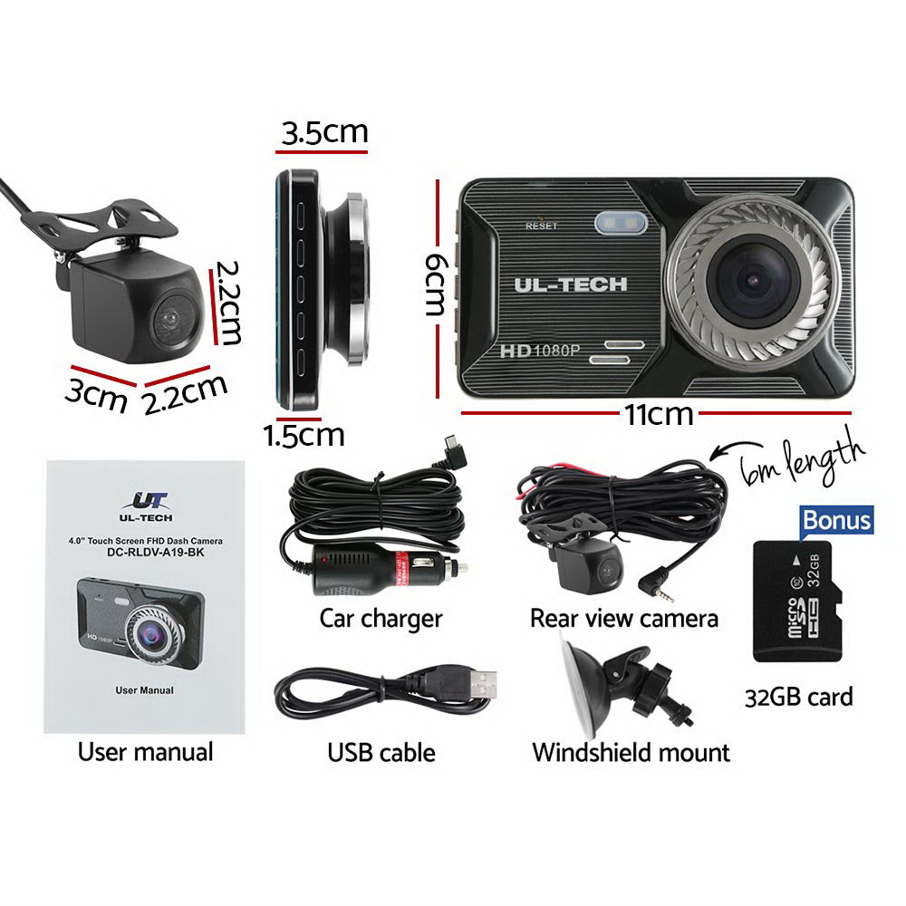 UL-tech 4" Dual Dash Camera 1080P Front Rear Black