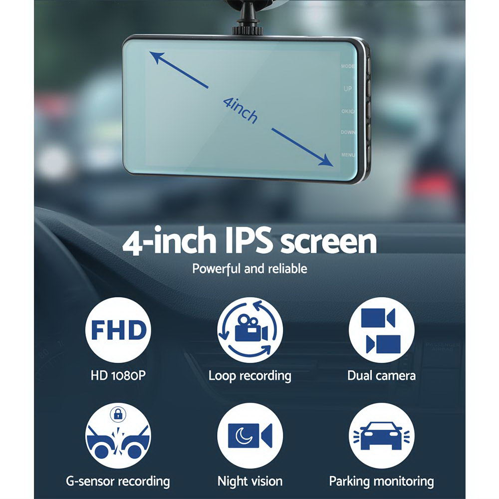 UL-tech 4" Dual Dash Camera 1080P Front Rear Black