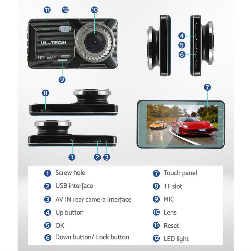UL-tech 4" Dual Dash Camera 1080P Front Rear Black