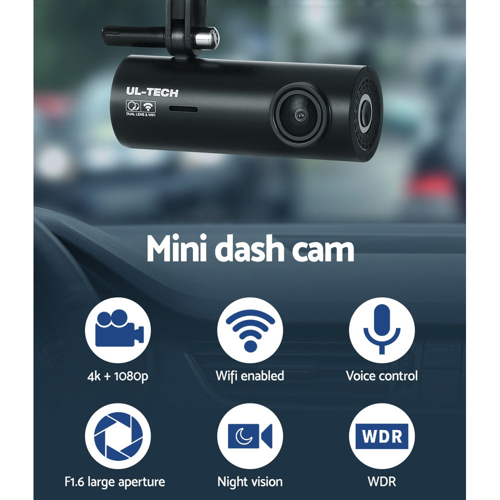 UL-tech 4K Dash Camera Hidden Front Rear WiFi Black