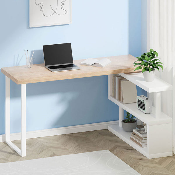 Artiss 140CM Computer Desk with Rotatable Bookshelf Oak White