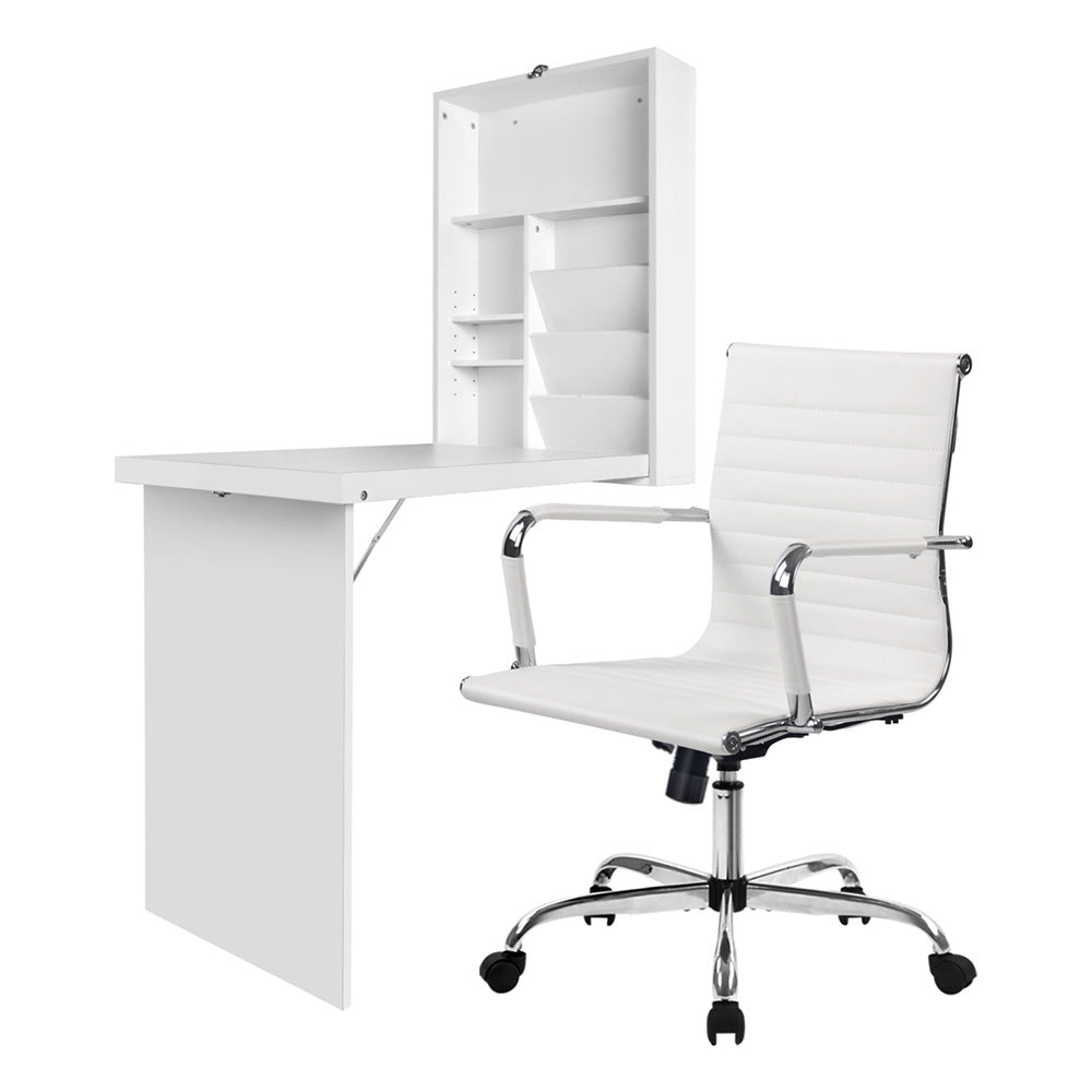 Artiss Foldable Computer Desk & Office Chair Set White PU Leather