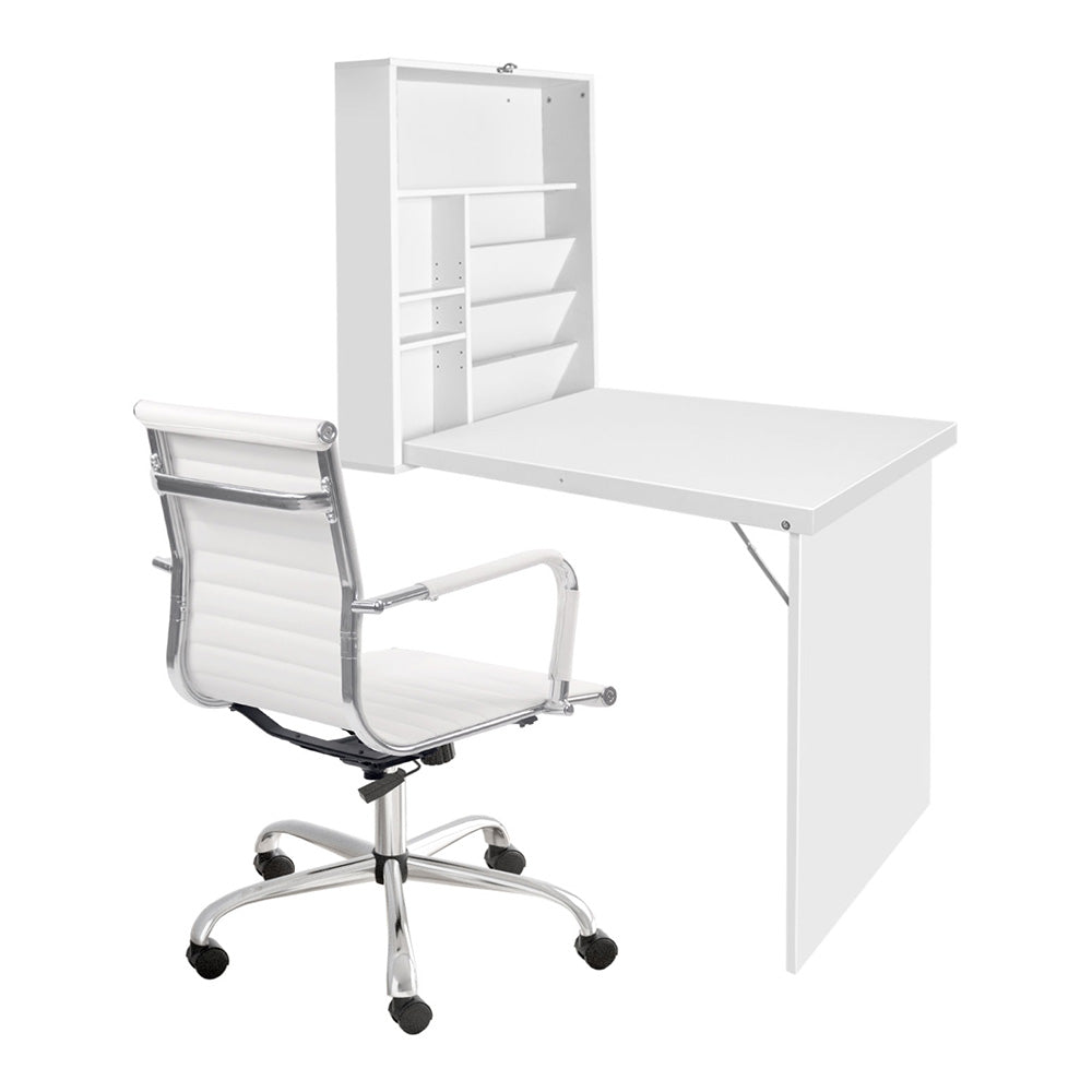 Artiss Foldable Computer Desk & Office Chair Set White PU Leather