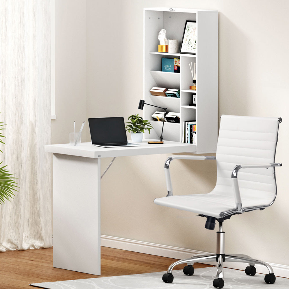 Artiss Foldable Computer Desk & Office Chair Set White PU Leather