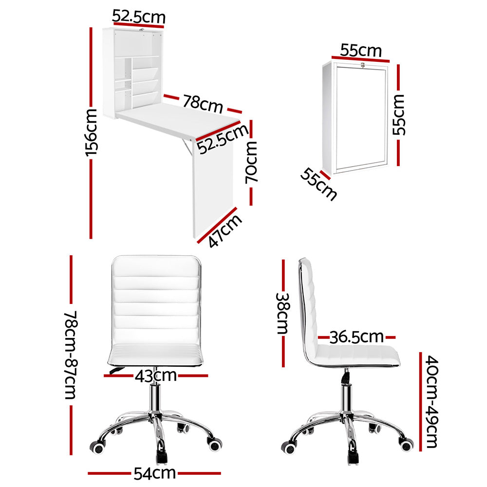 Artiss White Foldable Computer Desk & PU Leather Office Chair Set