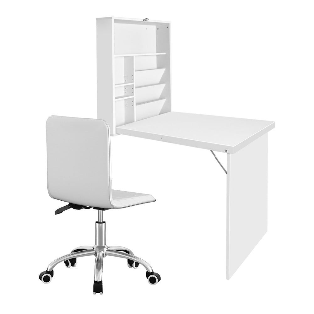 Artiss White Foldable Computer Desk & PU Leather Office Chair Set
