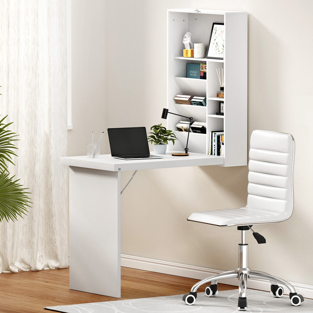 Artiss White Foldable Computer Desk & PU Leather Office Chair Set