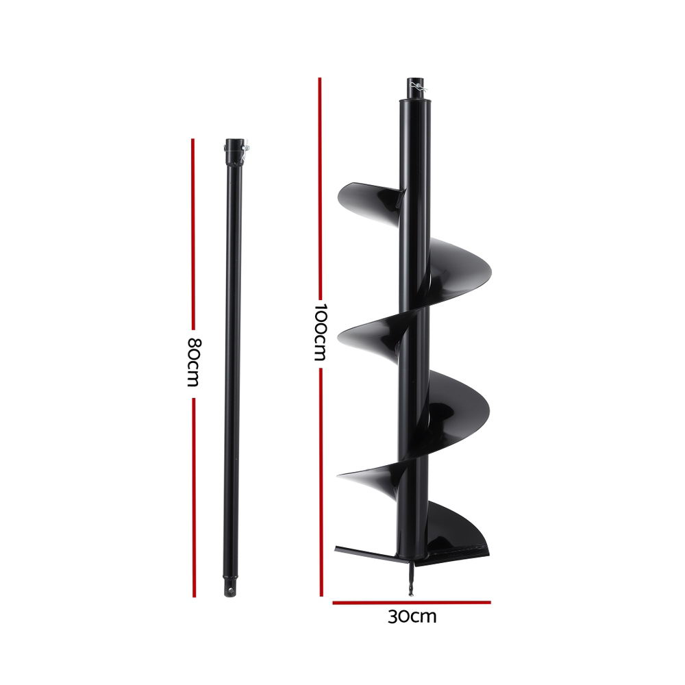 GIANTZ Post Hole Digger Auger Drill Bit 300mm with 80cm Extension Shaft Black
