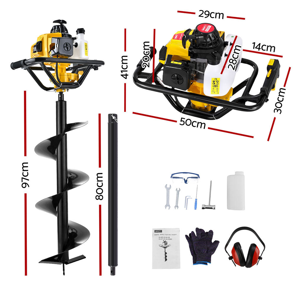 Giantz 82CC Post Hole Digger Petrol Auger 300mm Extension Bits