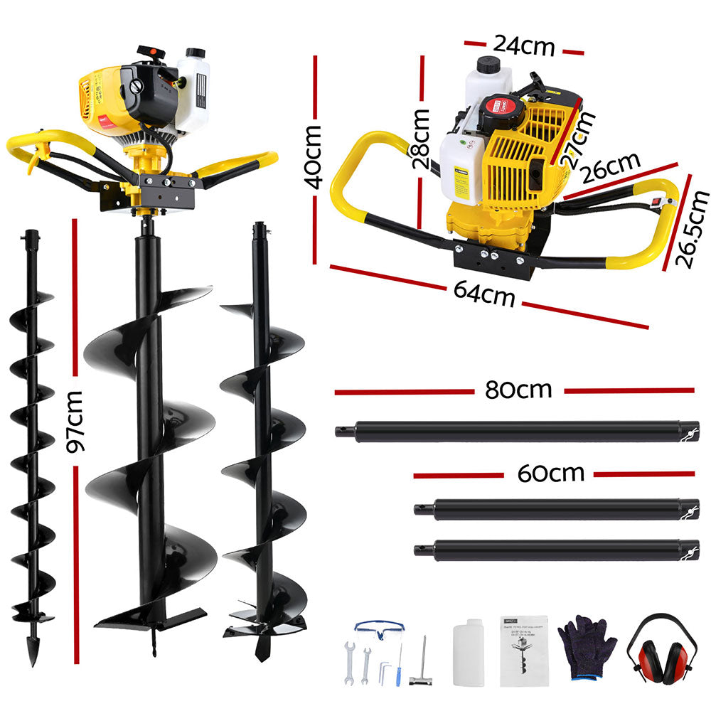 Giantz 74CC Petrol Post Hole Digger Drill Kit with Auger Bits