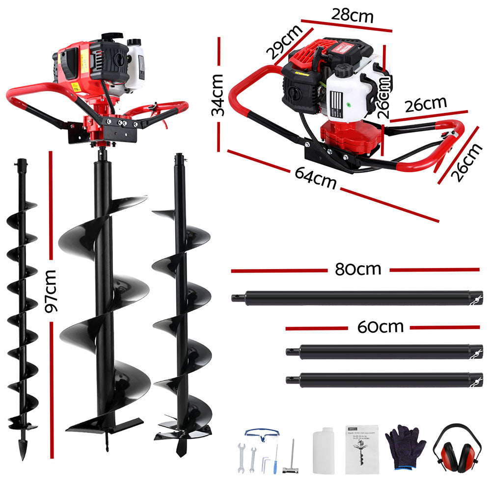 Giantz Petrol Post Hole Digger 65cc with Auger Bits and Extensions