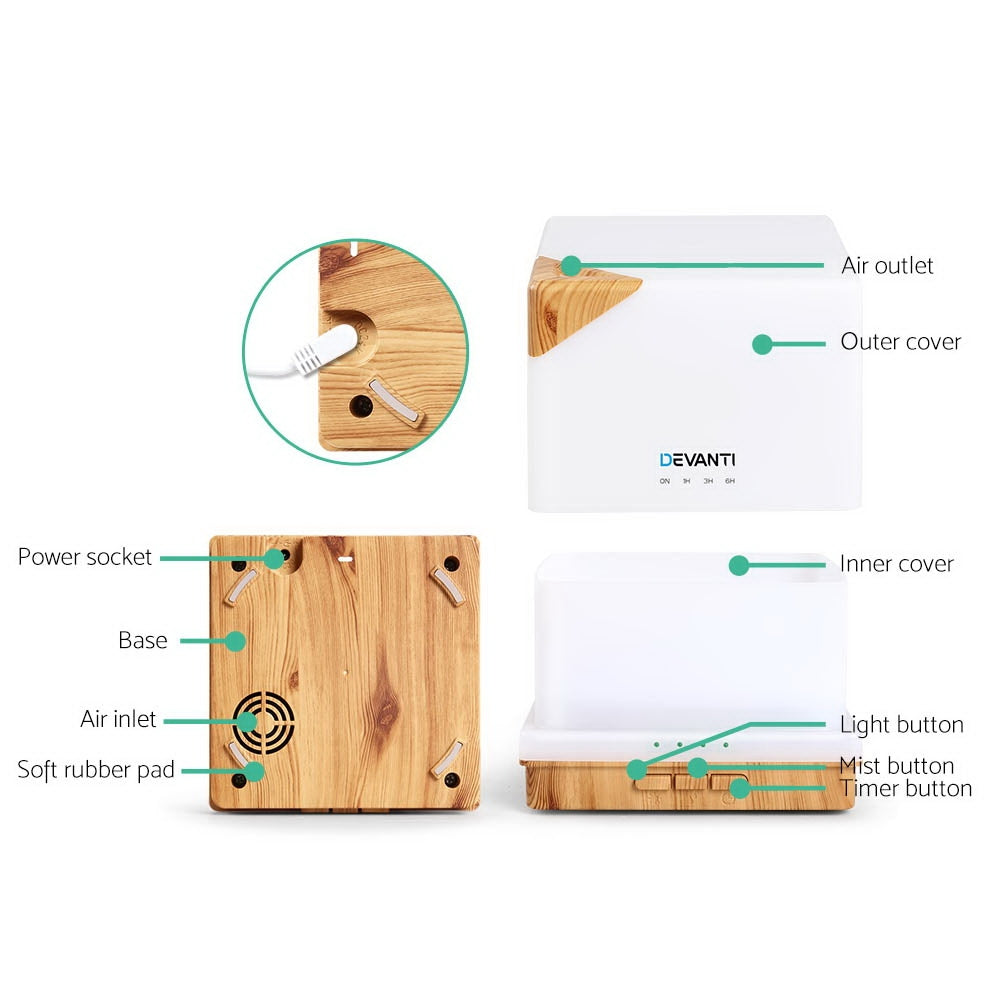 Devanti 600ml Aroma Diffuser Humidifier Light Wood Grain