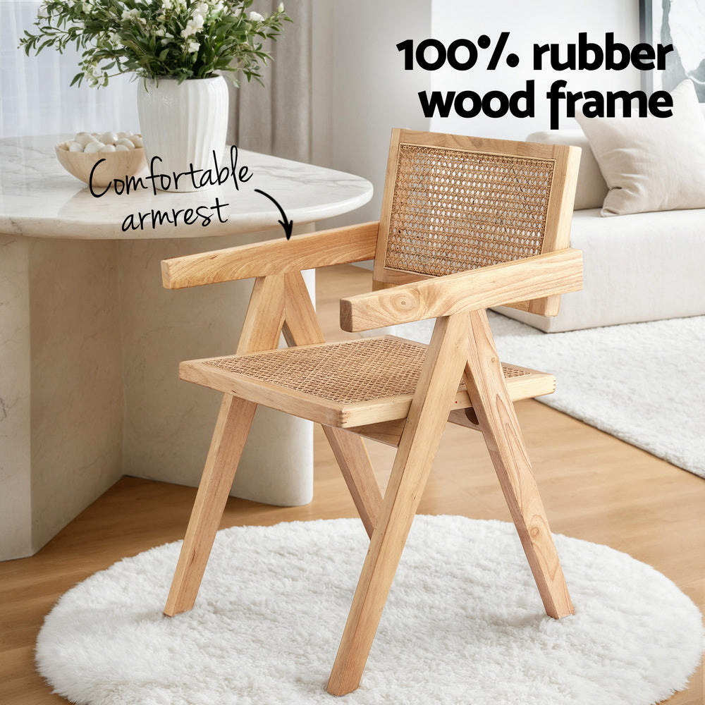 Artiss Dining Chairs Set of 2 Rattan Seat Rubber Wood Frame Natural