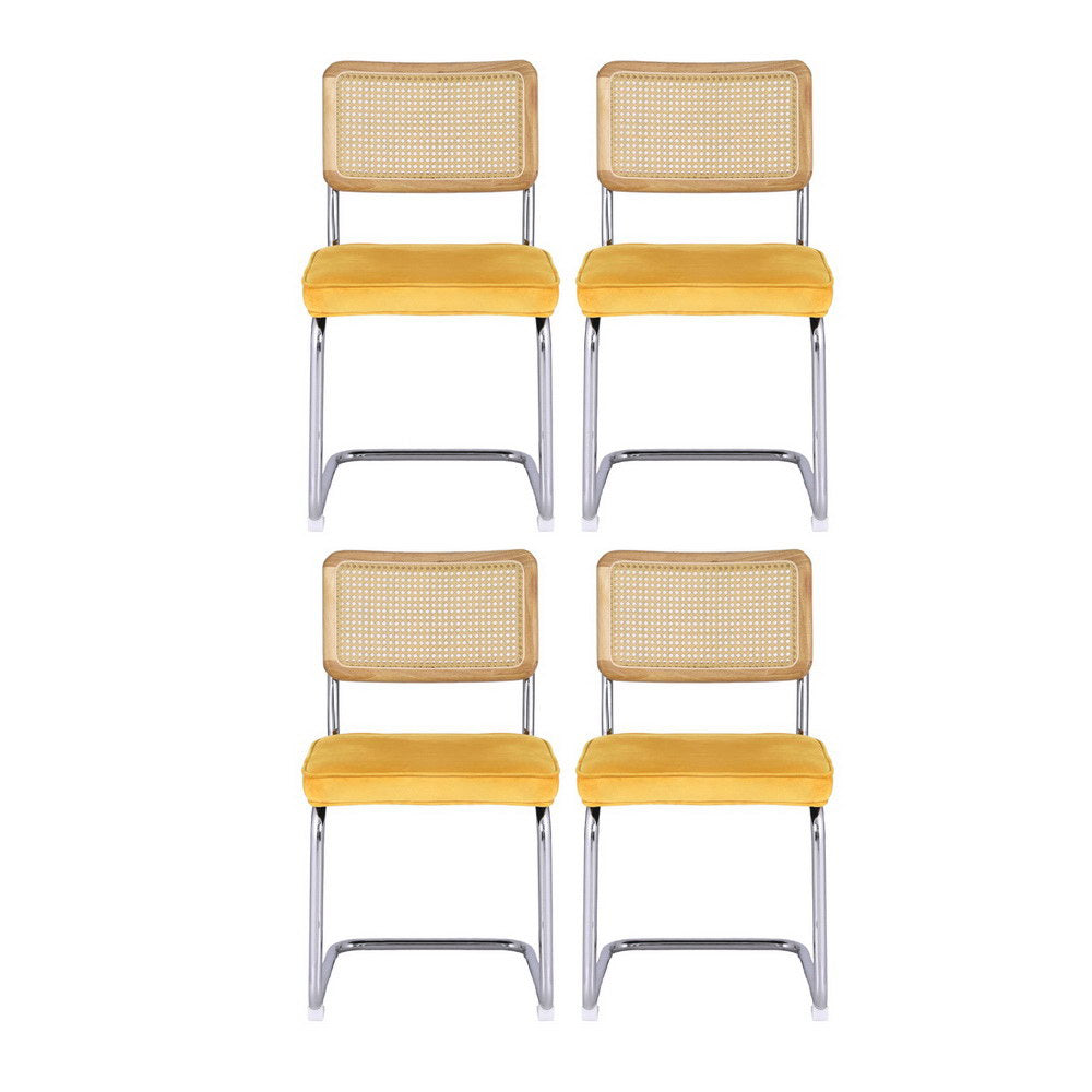 Felix Dining Chairs Set of 4 Velvet Rattan Cantilever Yellow