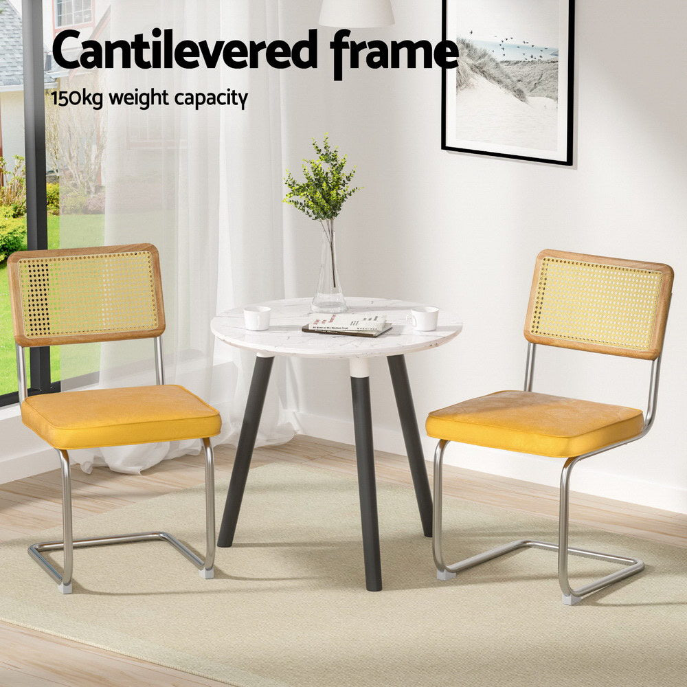 Felix Dining Chairs Set of 4 Velvet Rattan Cantilever Yellow