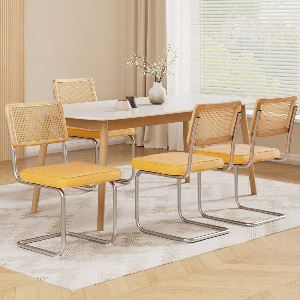 Felix Dining Chairs Set of 4 Velvet Rattan Cantilever Yellow