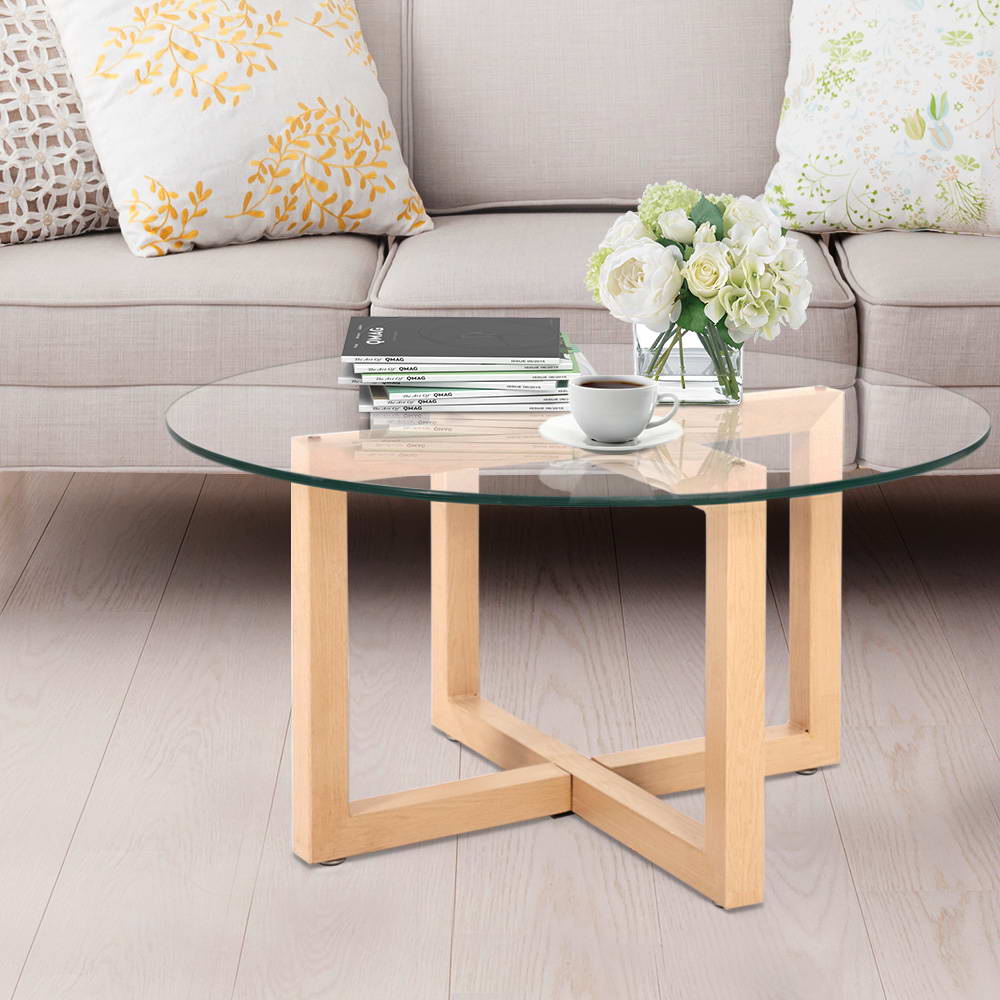 Round 80CM Coffee Table Tempered Glass Beige