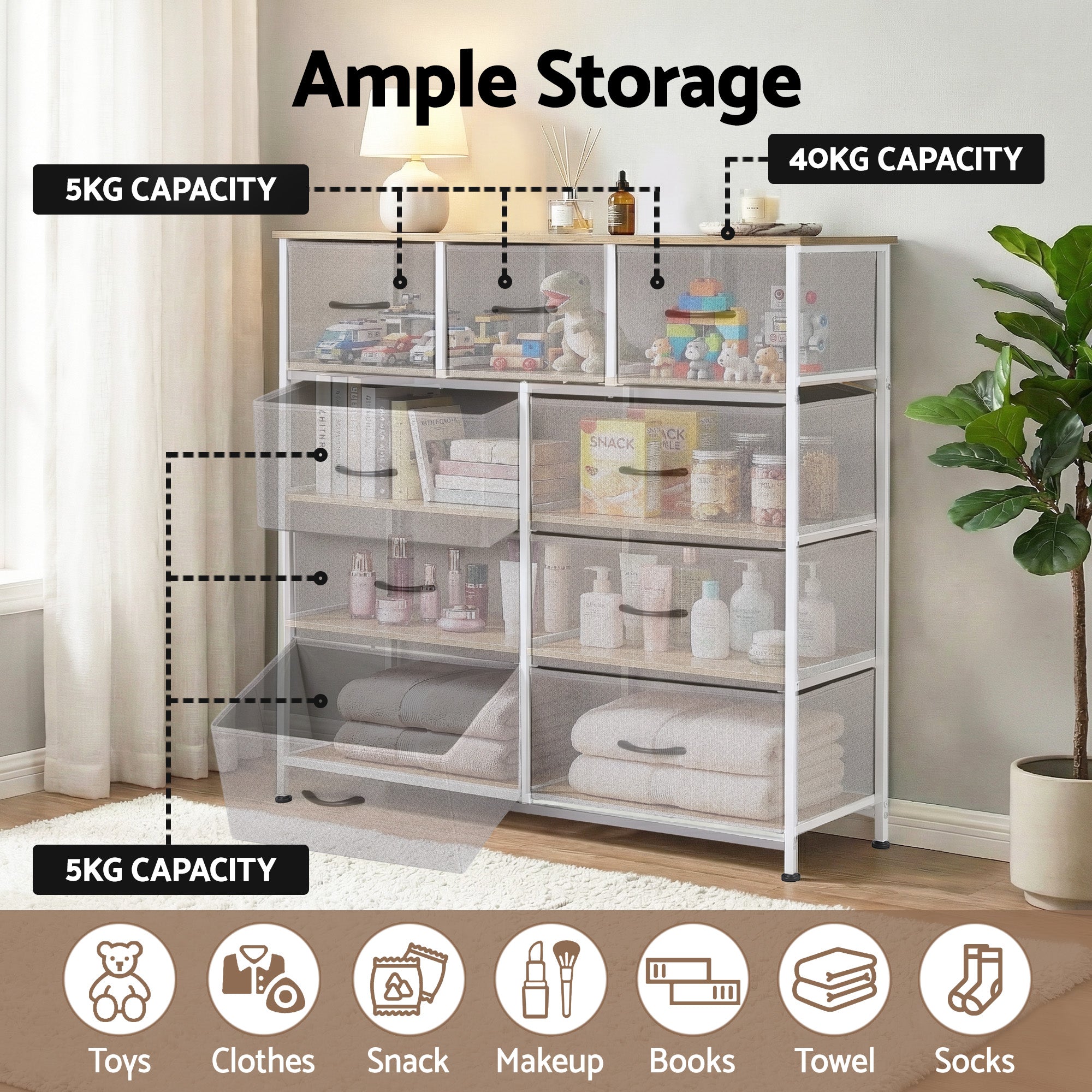Artiss Chest of 9 Drawers Storage Dresser Tallboy Light Grey