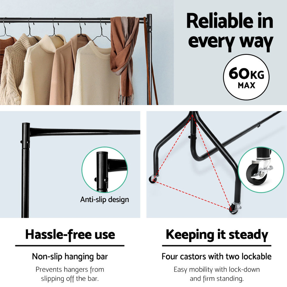 Artiss 6FT Metal Clothes Rack Airer Coat Stand Black Wheels
