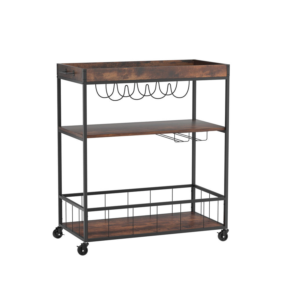 Artiss Oak Kitchen Island Rolling Serving Cart with Wine Storage