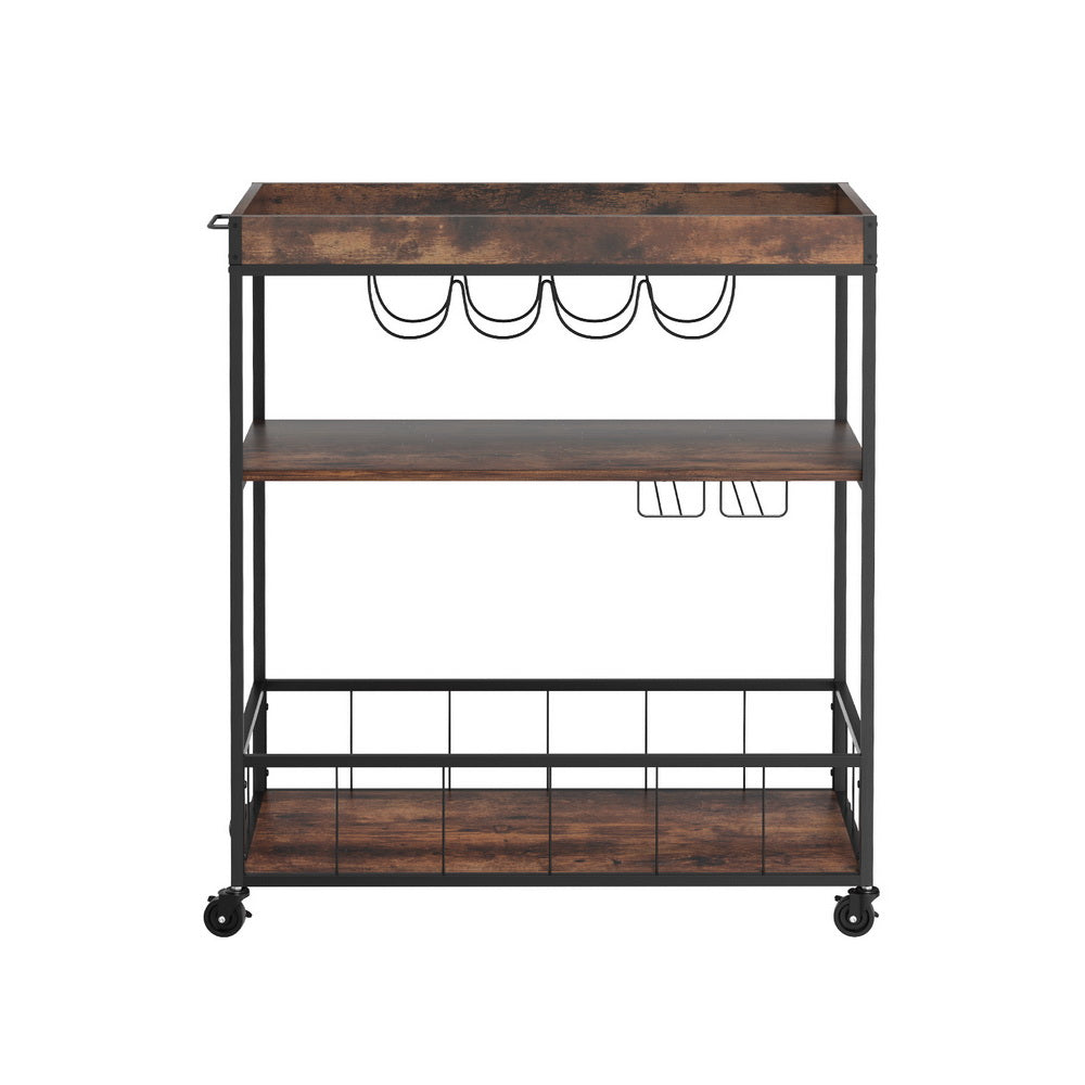 Artiss Oak Kitchen Island Rolling Serving Cart with Wine Storage