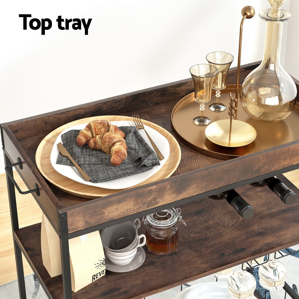 Artiss Oak Kitchen Island Rolling Serving Cart with Wine Storage
