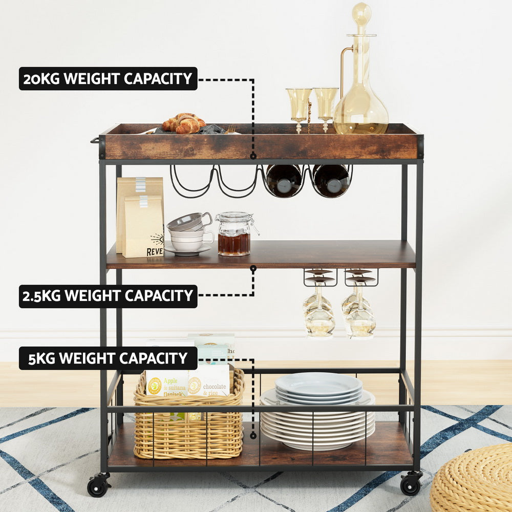 Artiss Oak Kitchen Island Rolling Serving Cart with Wine Storage
