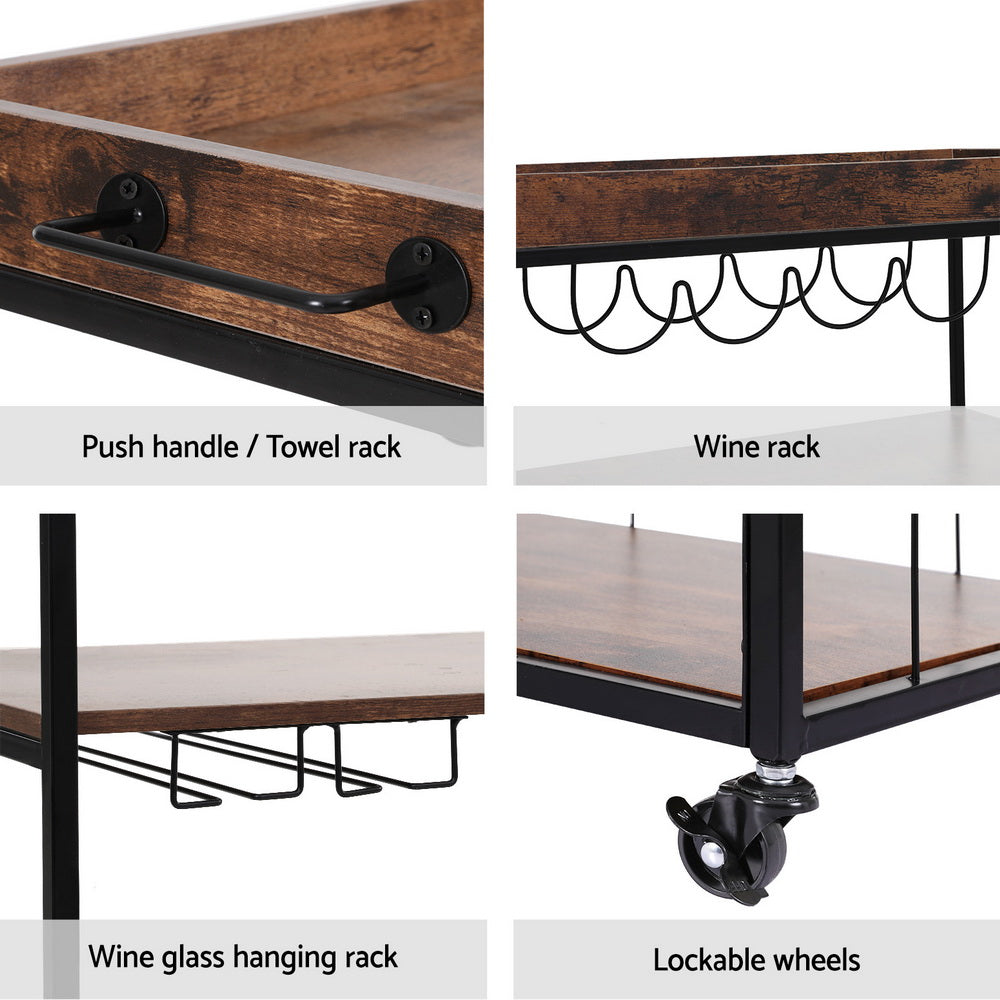 Artiss Oak Kitchen Island Rolling Serving Cart with Wine Storage