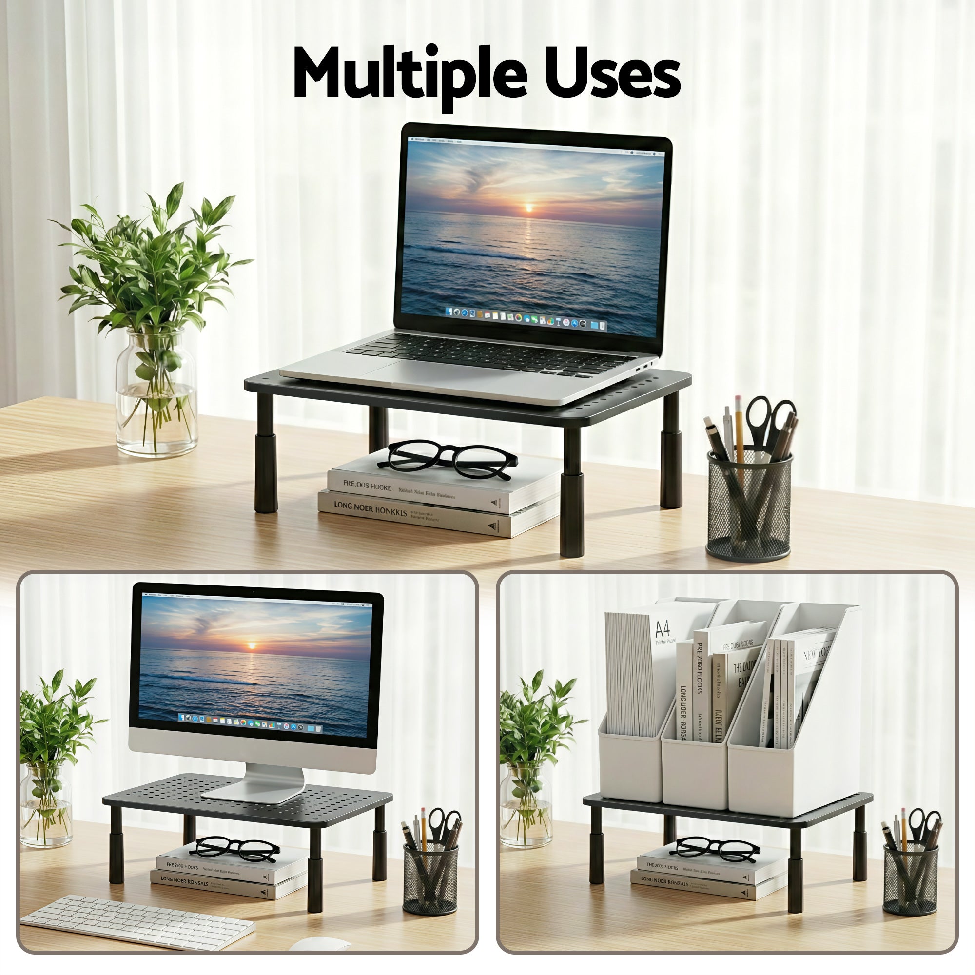 Artiss Monitor Stand Adjustable Riser For Computer Monitor And Laptop 3 Height Desk Organizer Black