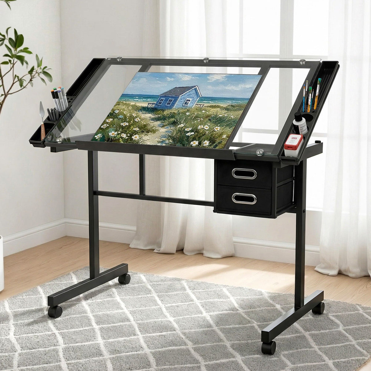 Artiss Drawing Desk Drafting Table with Glass Top Black