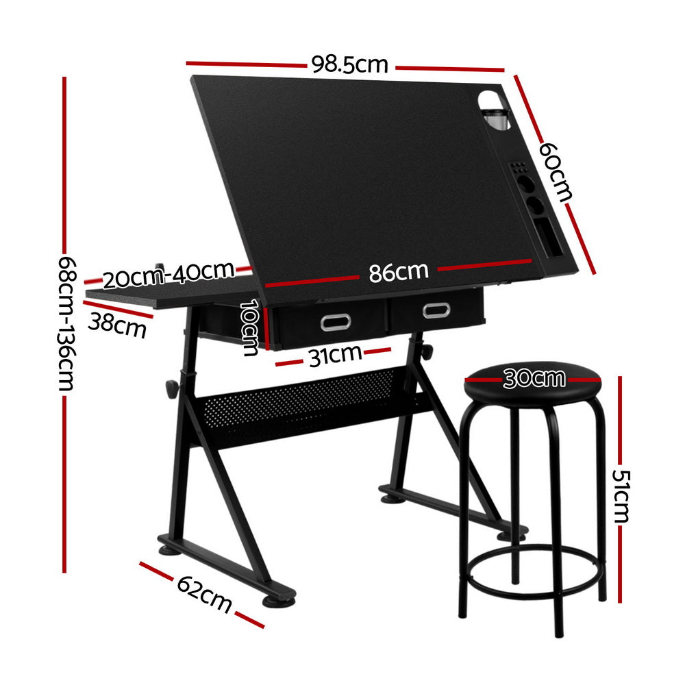 Artiss Adjustable Drafting Table Set Black with Stool and Storage Drawers