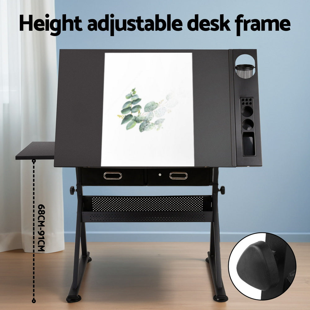Artiss Adjustable Drafting Table Set Black with Stool and Storage Drawers