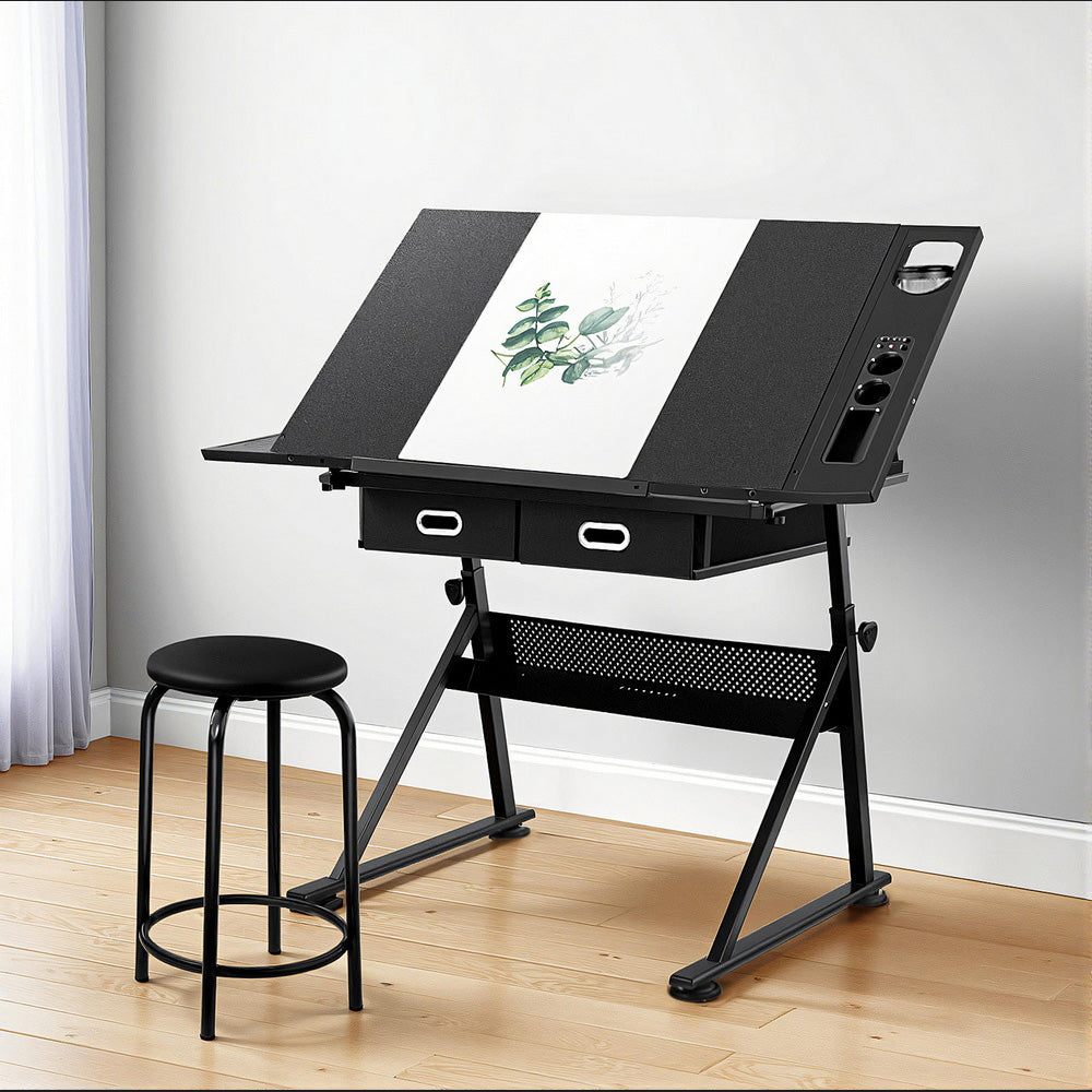 Artiss Adjustable Drafting Table Set Black with Stool and Storage Drawers