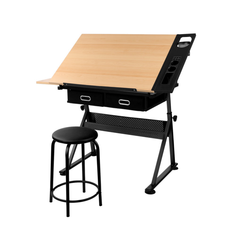 Natural & Black Adjustable Drafting Table Set with Stool