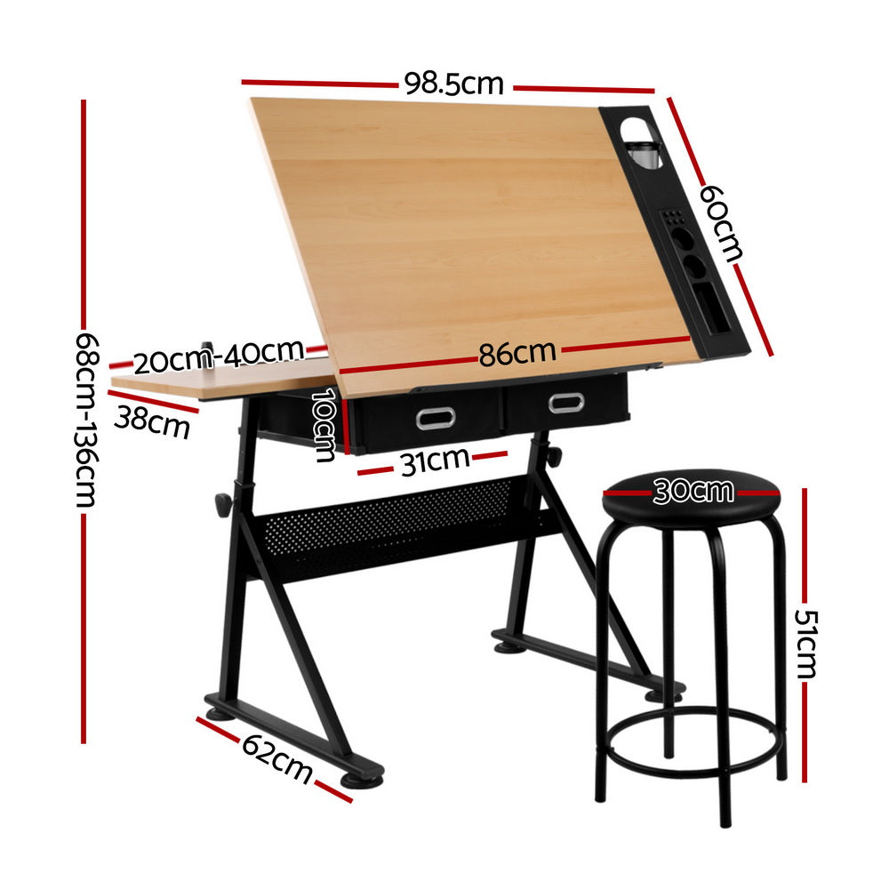 Natural & Black Adjustable Drafting Table Set with Stool