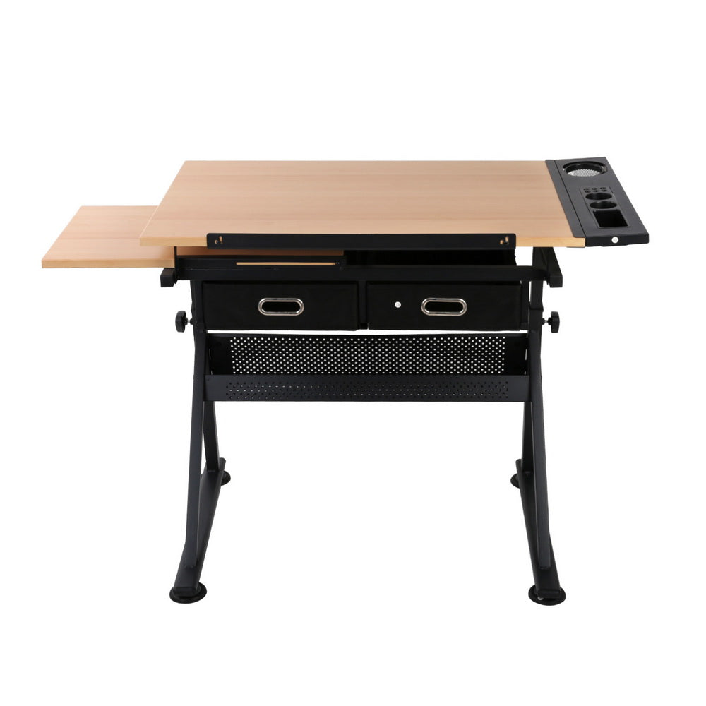 Natural & Black Adjustable Drafting Table Set with Stool