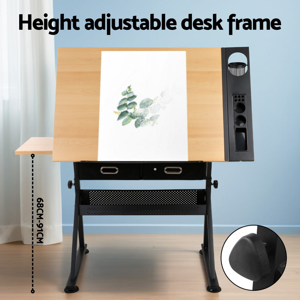Natural & Black Adjustable Drafting Table Set with Stool