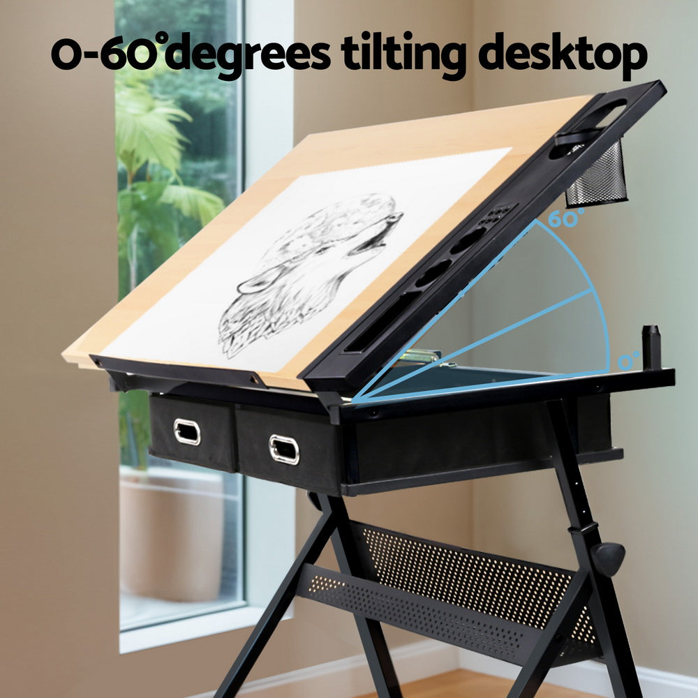 Natural & Black Adjustable Drafting Table Set with Stool