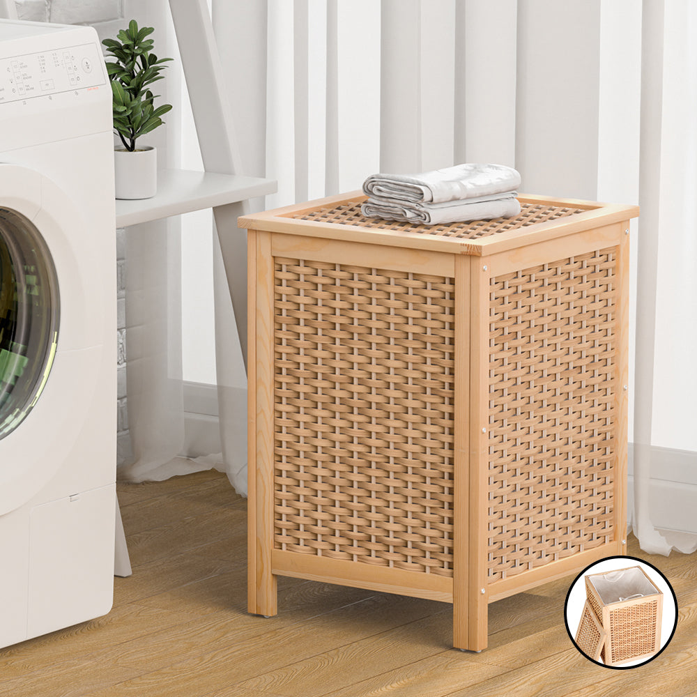 Artiss Wooden Laundry Hamper Cabinet Pine Removable Bag