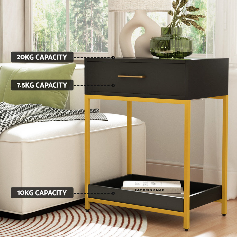 MASON Black Bedside Table Drawers Shelf Storage Nightstand