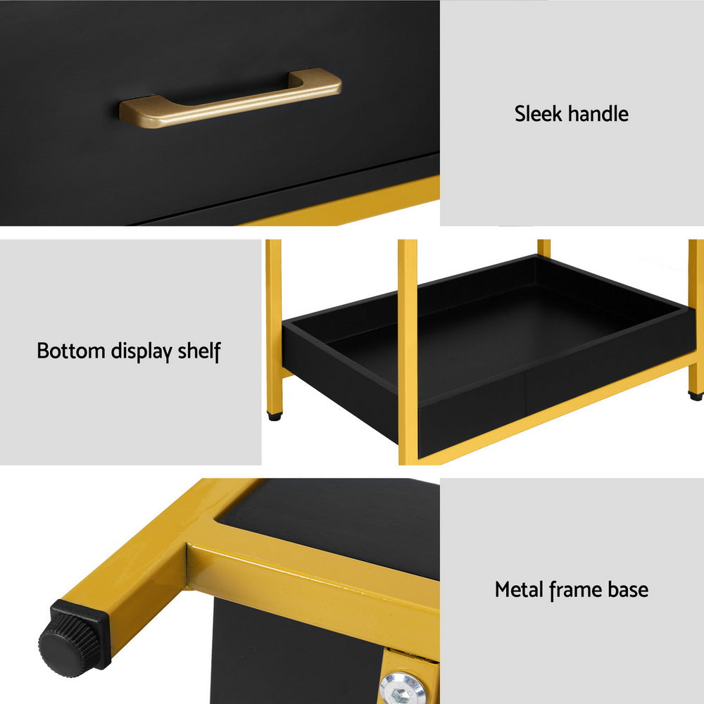 MASON Black Bedside Table Drawers Shelf Storage Nightstand
