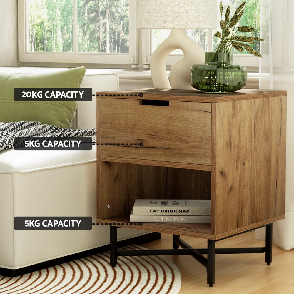 KRAVU Bedside Table Drawers Rustic Oak Black