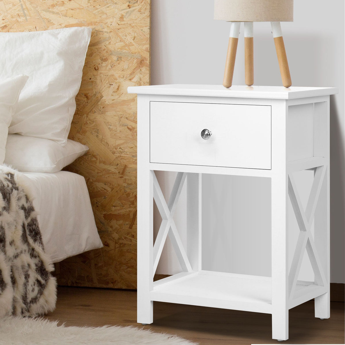 Emma Bedside Table 2 Pack with Drawer and Shelf White