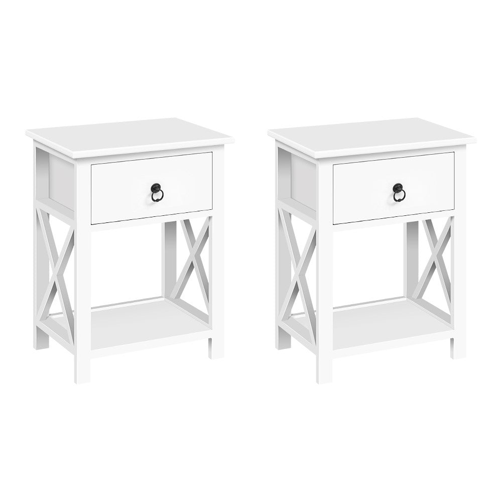 Rustic Paulownia Wood Bedside Tables with Shelf, White - Artiss