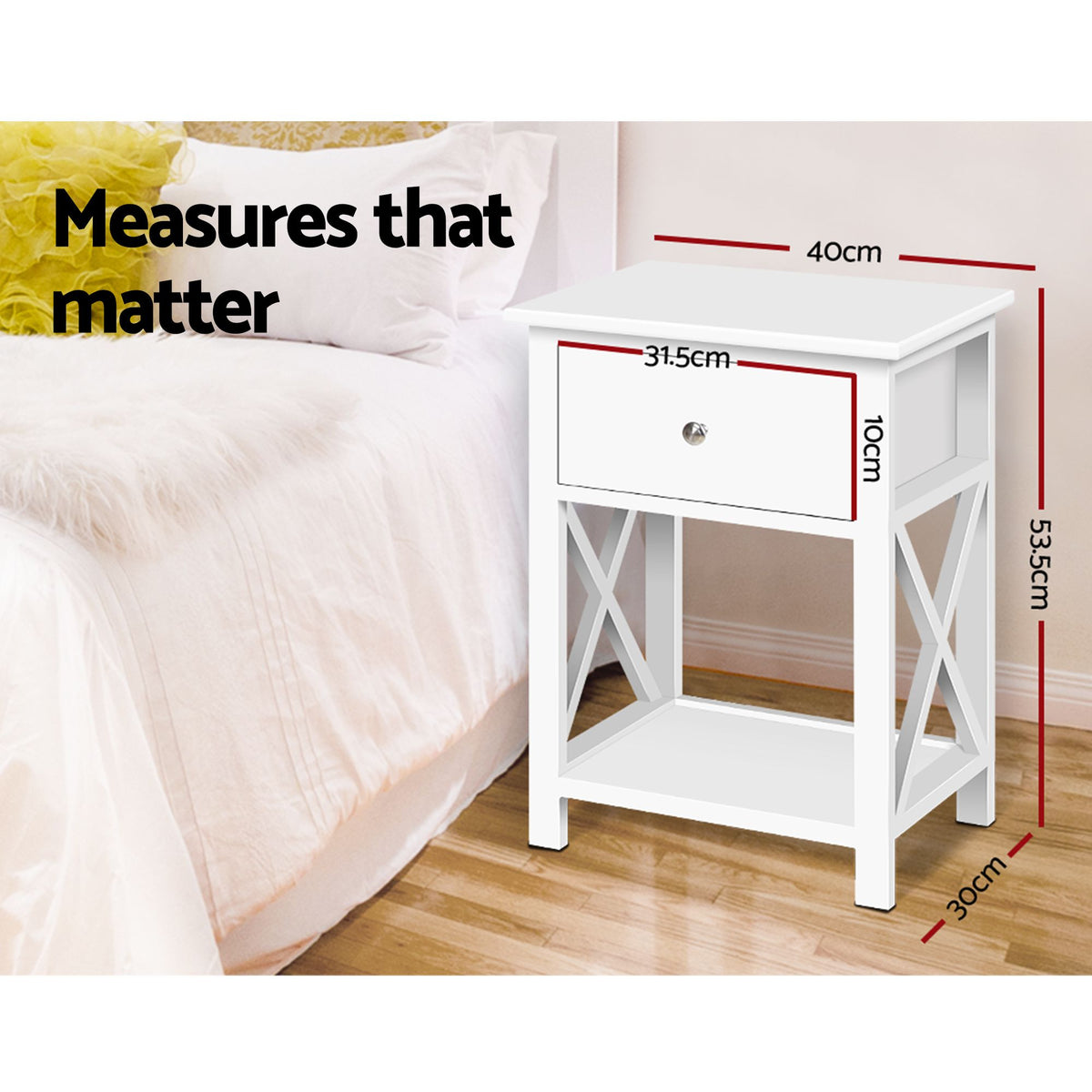Emma Bedside Table 2 Pack with Drawer and Shelf White