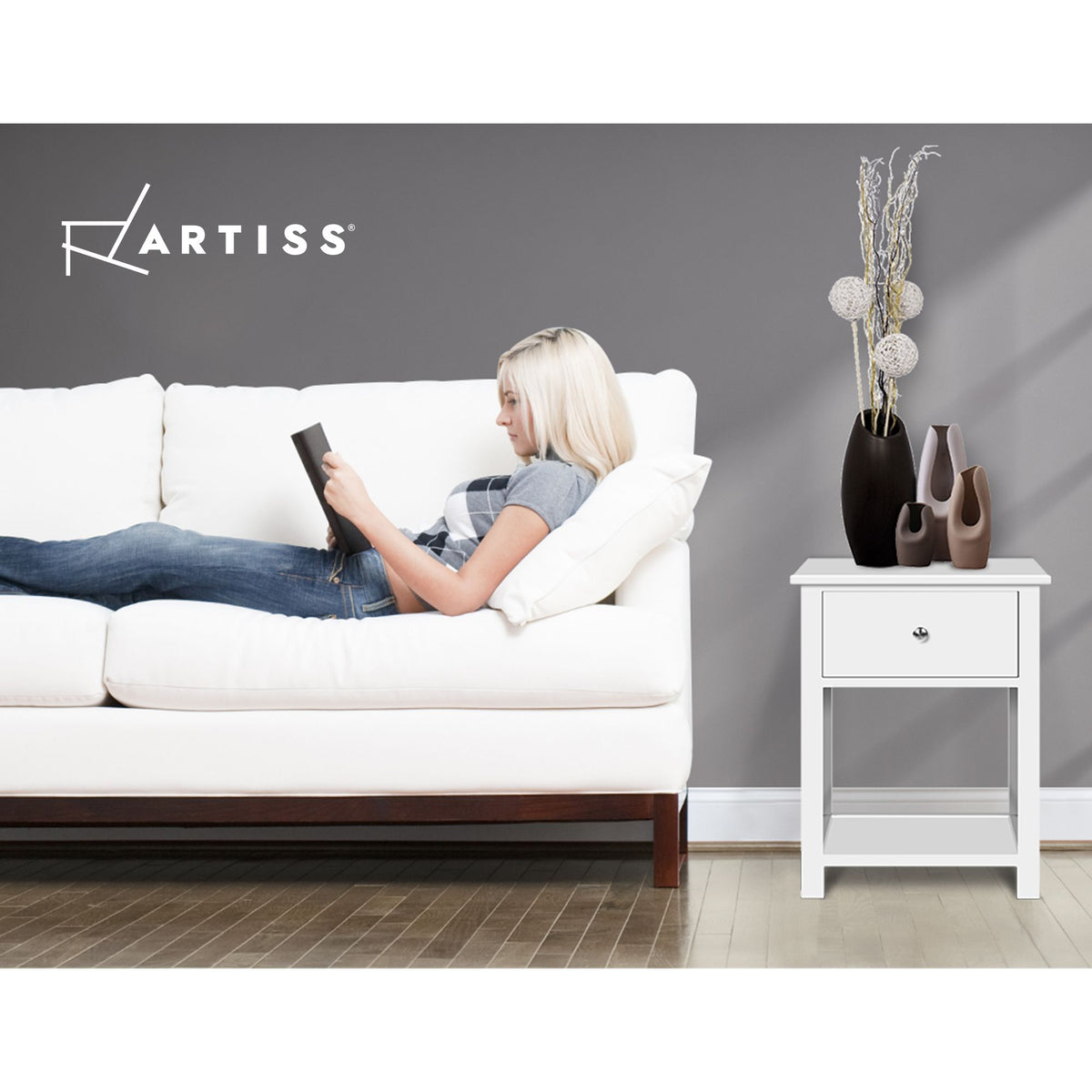 Emma Bedside Table 2 Pack with Drawer and Shelf White