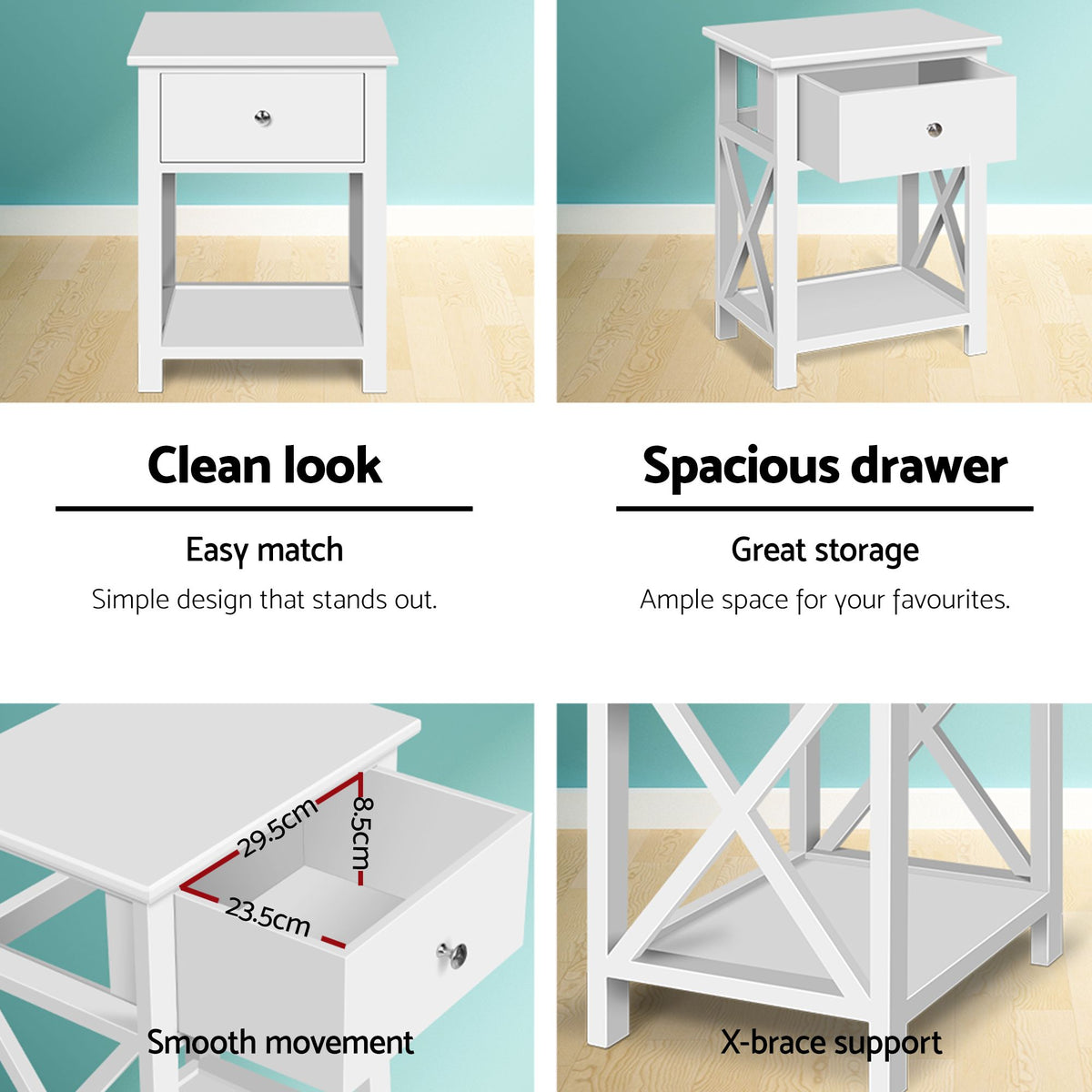 Emma Bedside Table 2 Pack with Drawer and Shelf White